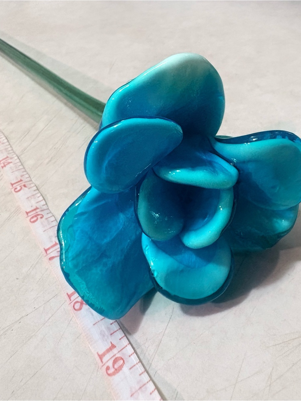 Hand blown turquoise, glass, flower with green Stem